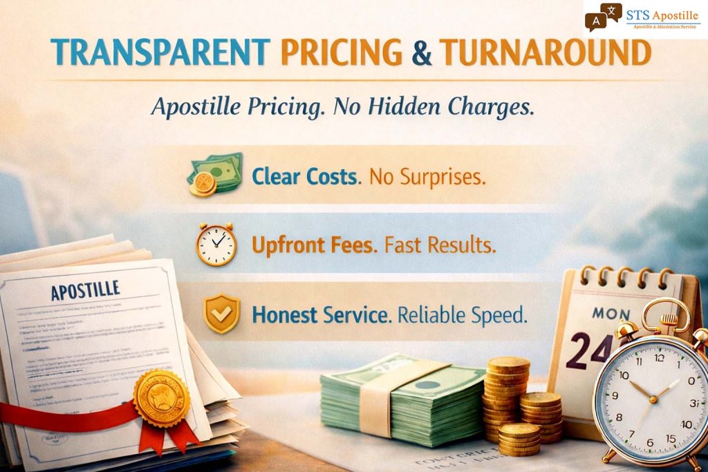 Apostille documents with money and clock showing clear price and fast speed.