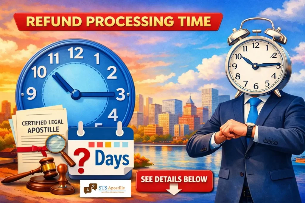 Clocks and legal papers showing refund processing time for apostille services.