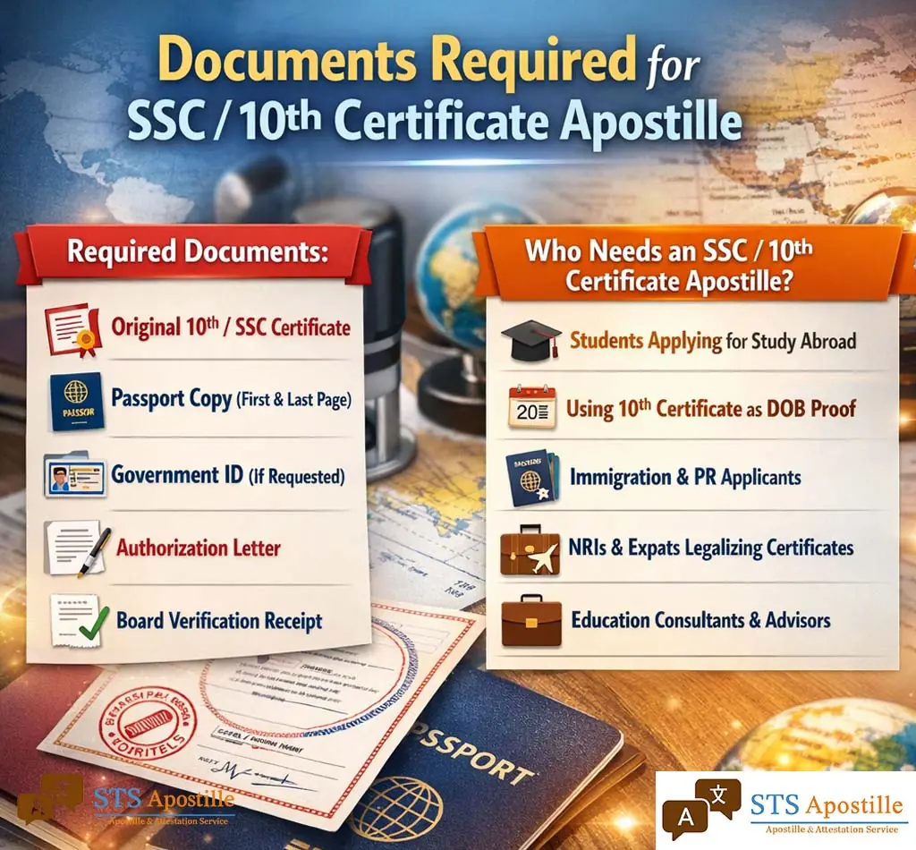 What documents are required for SSC / 10th certificate apostille?