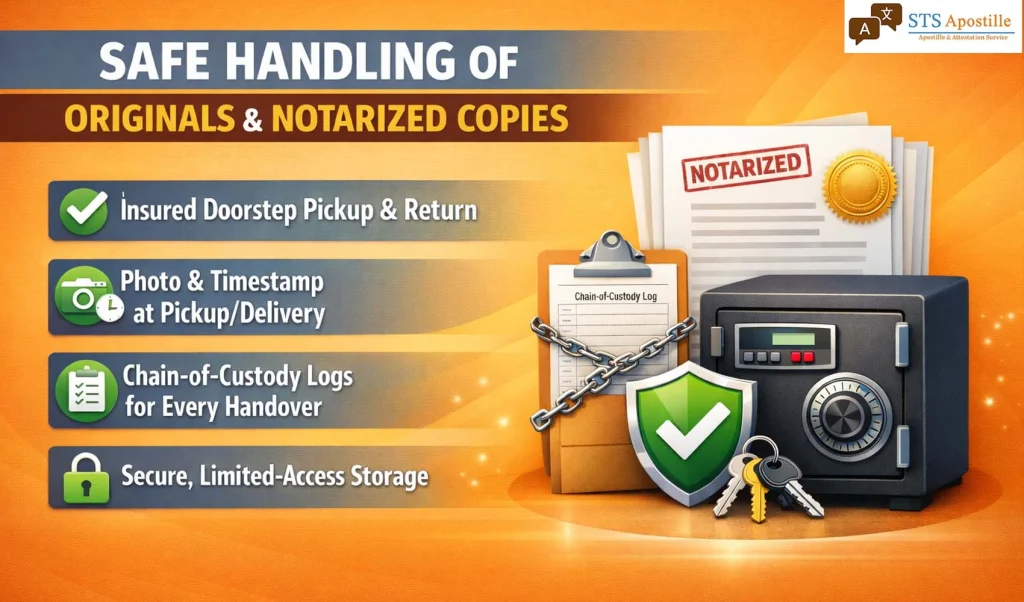 Safe handling of original and notarized papers for apostille services.