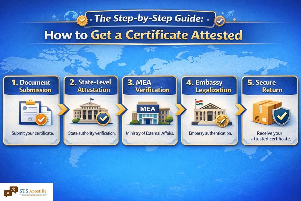Certificate Attestation Process infographic by STS Apostille showing the 5 steps from submission to MEA and Embassy legalization.