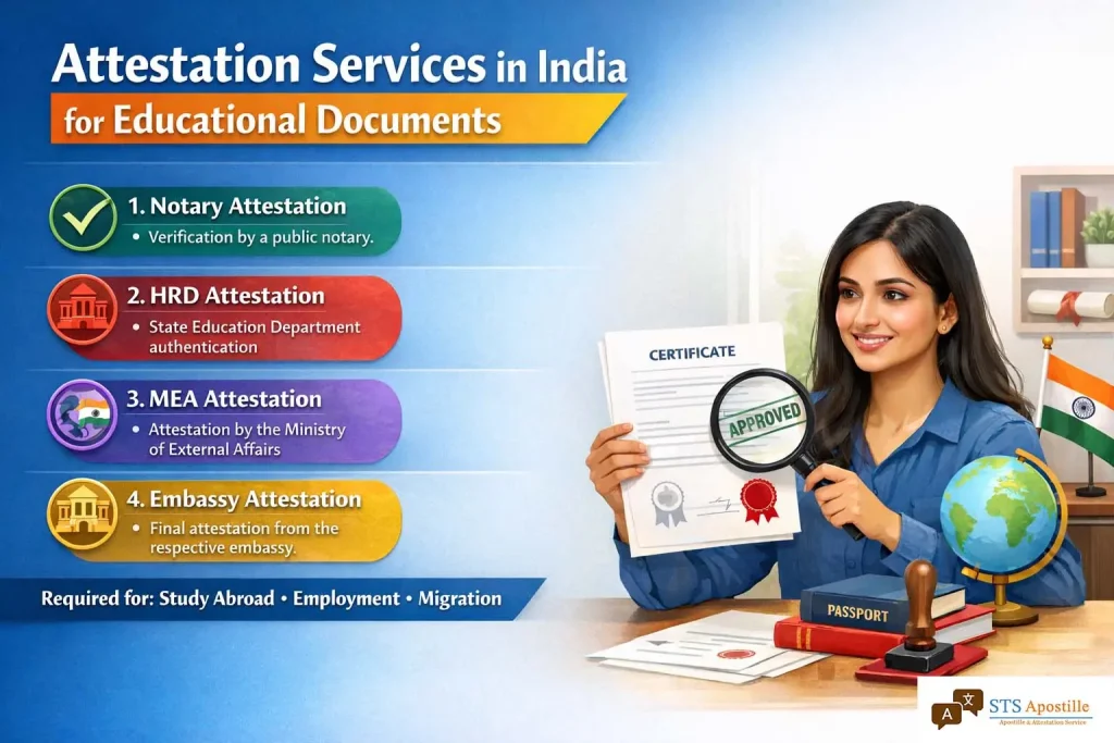 Educational Document Attestation Services in India infographic by STS Apostille showing Notary, HRD, MEA, and Embassy legalization steps.