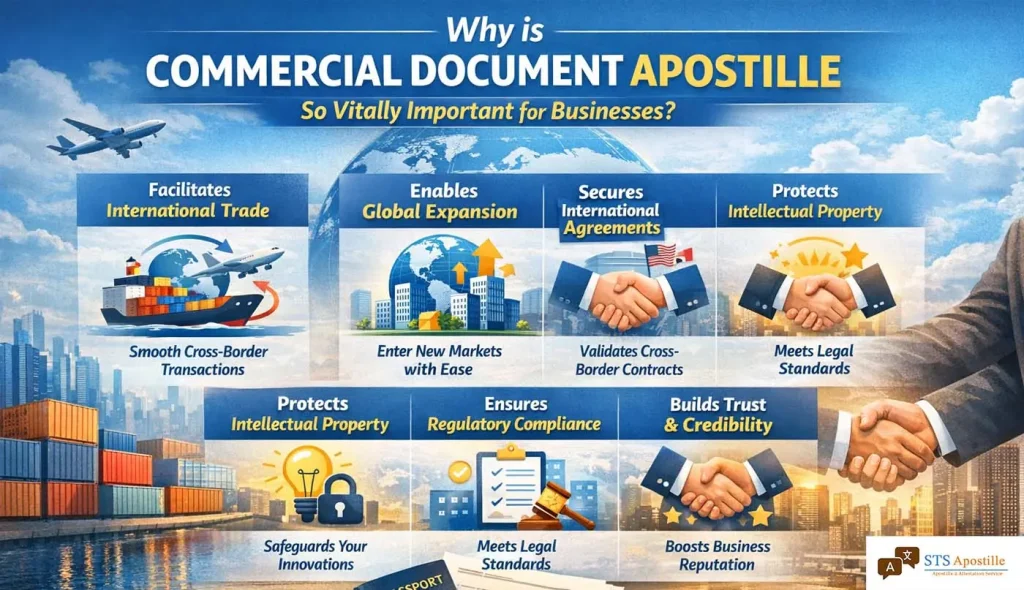 Infographic by STS Apostille explaining why Commercial Document Apostille is vital for international trade, global expansion, and legal compliance.
