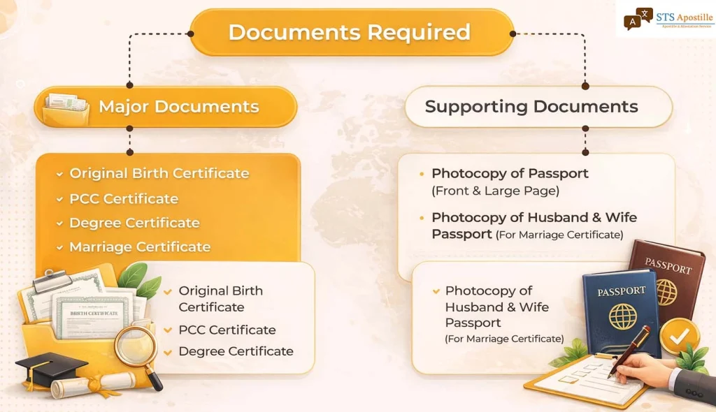 STS Apostille infographic listing original certificates (Birth, PCC, Degree, Marriage) and passport copies required for processing.