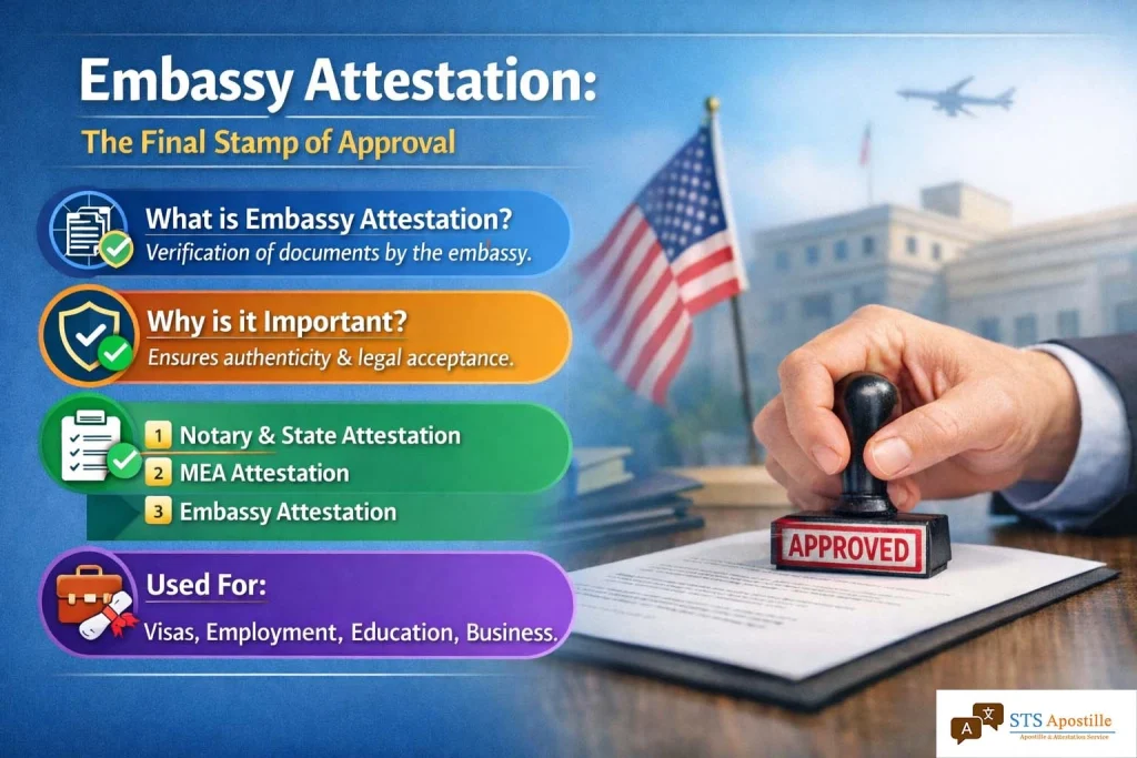 Embassy Attestation process infographic by STS Apostille showing Notary, MEA, and final Embassy stamping steps for international visas.