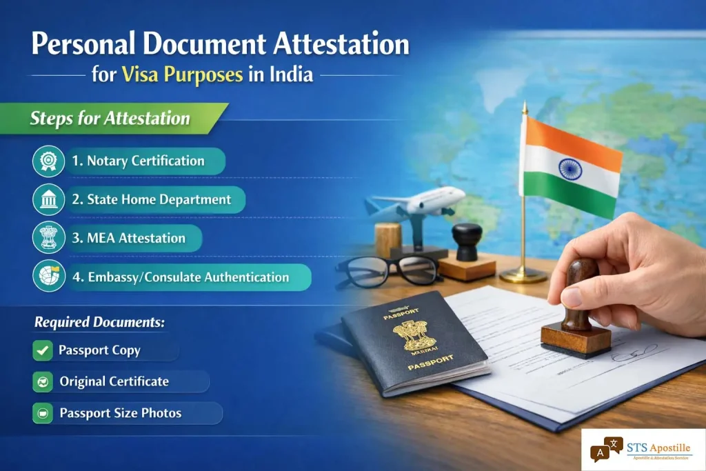 Personal Document Attestation for Visa Purposes infographic by STS Apostille listing steps (Notary, State, MEA, Embassy) and required documents.