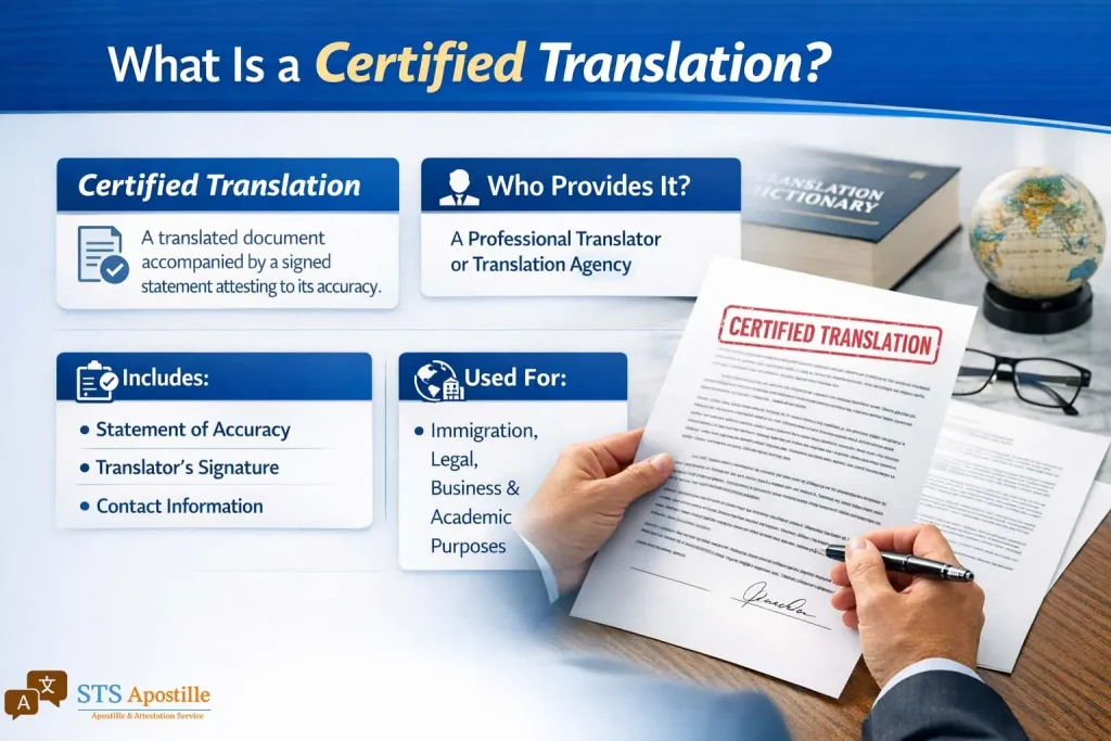 Infographic by STS Apostille defining Certified Translation, its requirements (accuracy statement, signature), and uses for immigration and legal purposes.