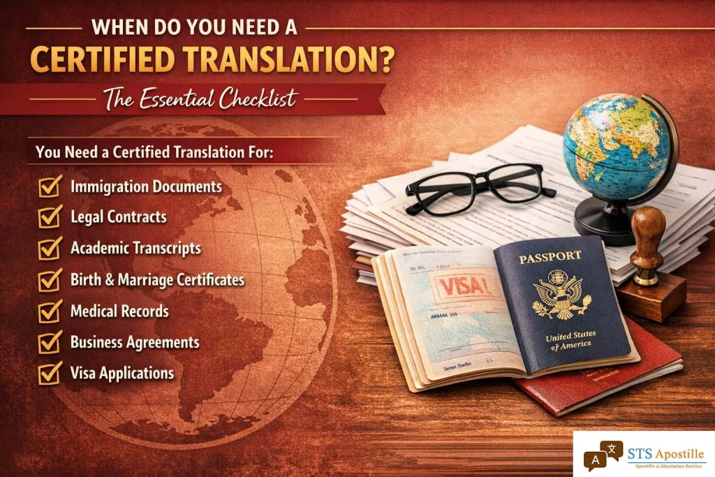 STS Apostille infographic listing essential documents requiring Certified Translation like visas, transcripts, and legal contracts.