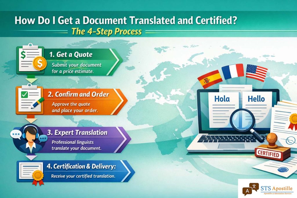 Infographic by STS Apostille showing the 4-step process to get documents translated and certified by professional linguists.